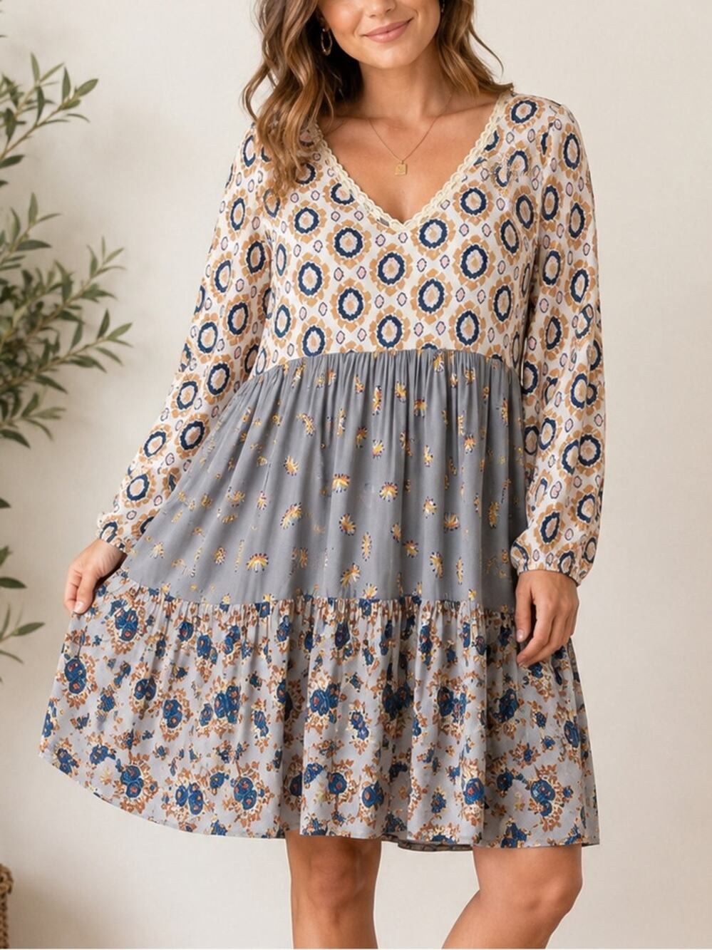 Matilda Jane Visionary Mixed Media Tiered Dress Geometric Floral Medium Boho
